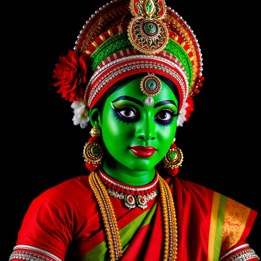 Kathakali-Darsteller in traditionellem Kostüm