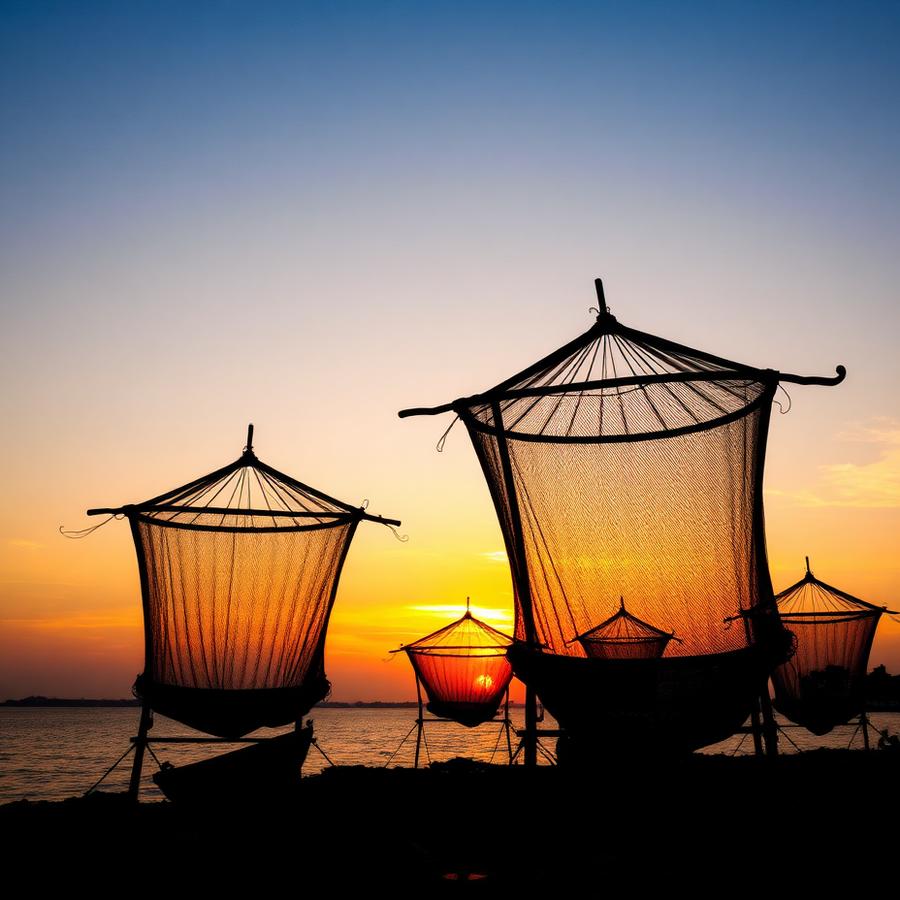 Chinesische Fischernetze bei Sonnenuntergang in Kochi