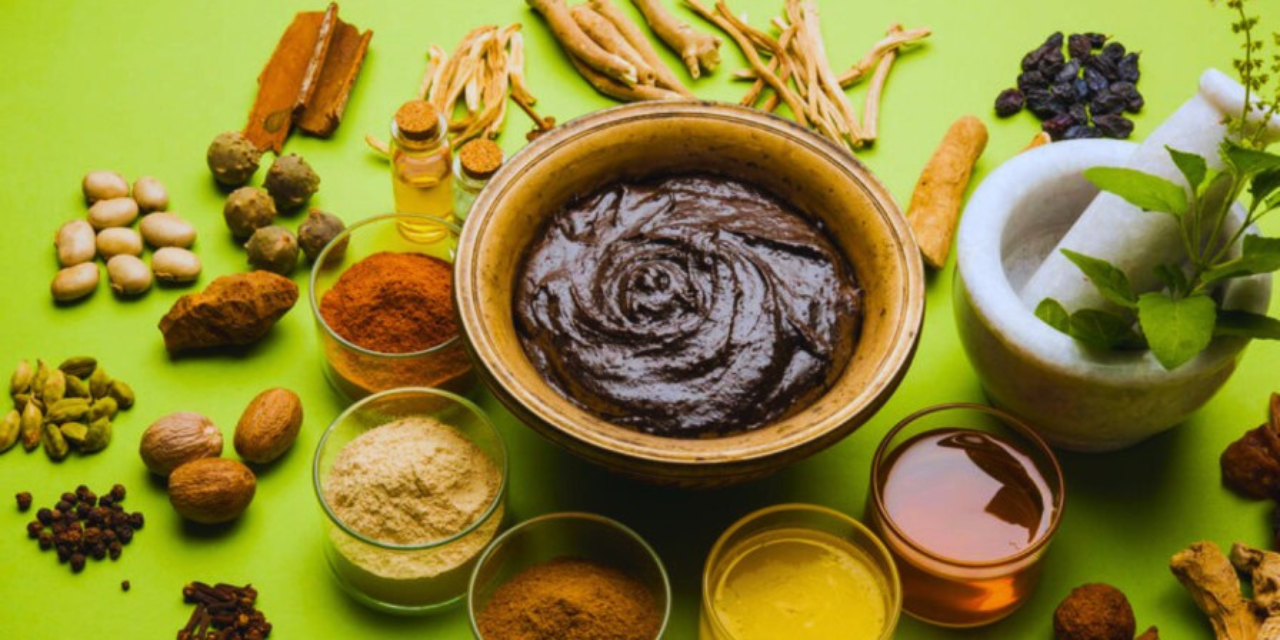 herbs, spices and lotions of ayurveda treatment green-bg