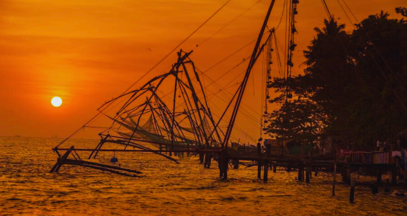 fishing nets red and blue sky